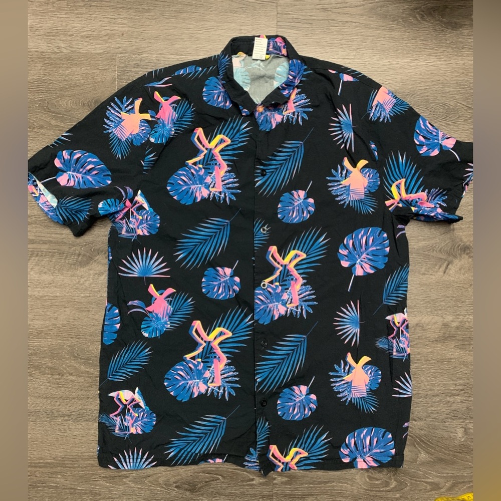 Dutch Bros Hawaiian Button Down Shirt Blue Pink Floral Men’s X-Large Beach